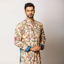 Hand painted floral Silk Kurta with all over Kantha Embroidery teamed up with tussar trousers