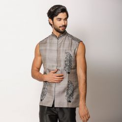 Aari Embroidered Silk Half Jacket Slate Grey