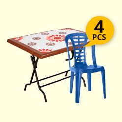 Lumina Table - 4 Seated Rect. Table- steel leg - Rose Wood - Flower Print- (13507) with Event Chair-Leaf- S M Blue-(6521) 4pcs