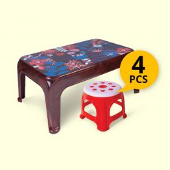 Titbit Center Table - Rect. Table - Rose Wood - Daisy- (13576) with Spears Medium Stool - Red(White)- 7105 4pcs