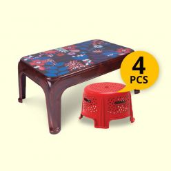 Titbit Center Table - Rect. Table - Rose Wood - Daisy- (13576) with Carvy Short Stool - Red- (7154) 4pcs