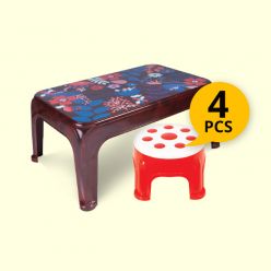 Titbit Center Table - Rect. Table - Rose Wood - Daisy -(13576) with Toddlers Short Stool - Red (White)-(7201) 4pcs