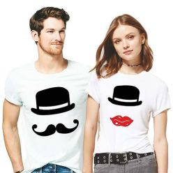 Hat mustache and Hat Lips couple T-shirt-White 