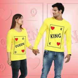 King and Queen full sleeve Couple T-shirt-Yellow