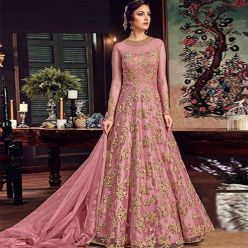 Semi-Stitched Pink Georgette Embroidery Gown Dress For Women (PE-002)