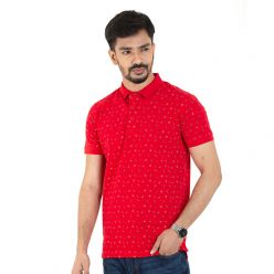 Masculine Red Printed Cotton Polo T-shirt For Men