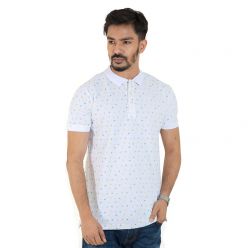 Masculine White Printed Cotton Polo T-shirt For Men