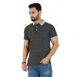 Masculine Black & Gray Printed Polo T-shirt For Men