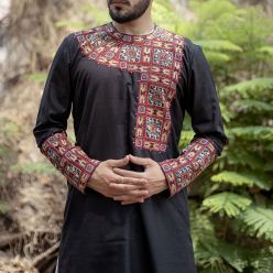 Silk Kurta with Aari Embroidery depicting Mongolian art  teamed up with ready to wear embroidered silk dhoti